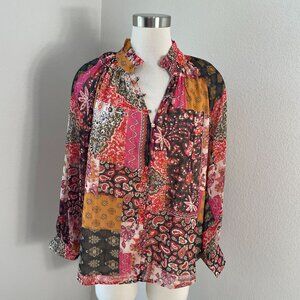 NEW Entro Womens Medium Patchwork Boho Blouse Multicolor Long Sleeve Shirt